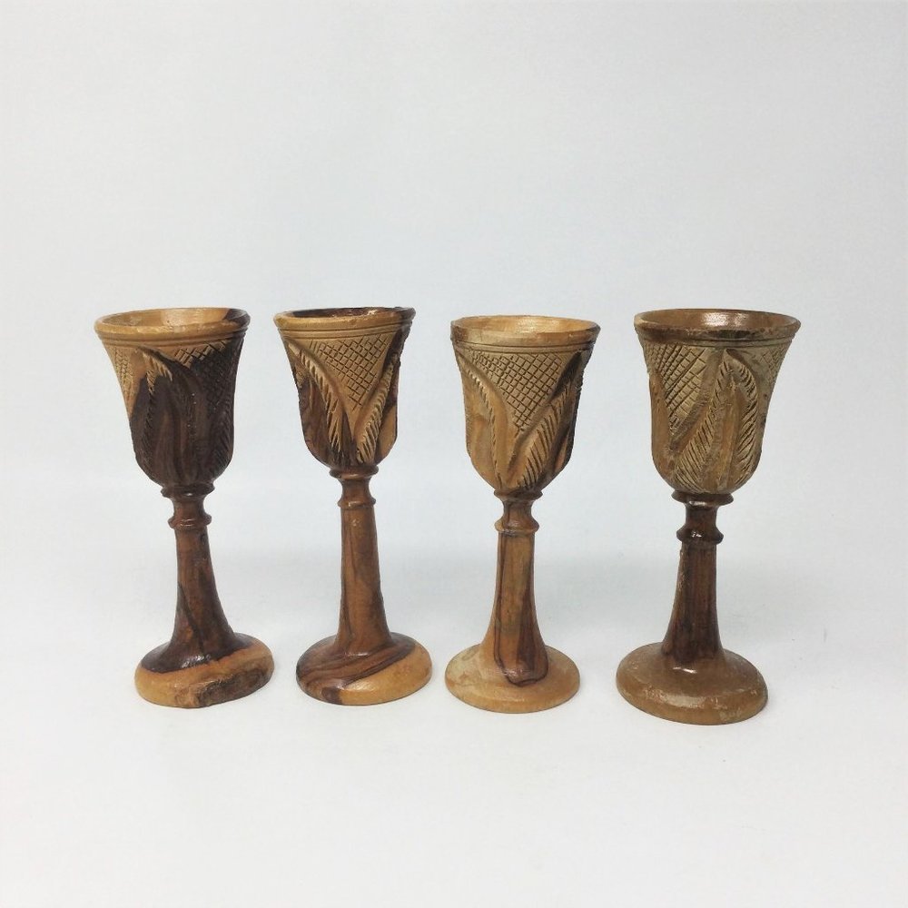 4 Vintage Wood Hand Carved Goblets Small